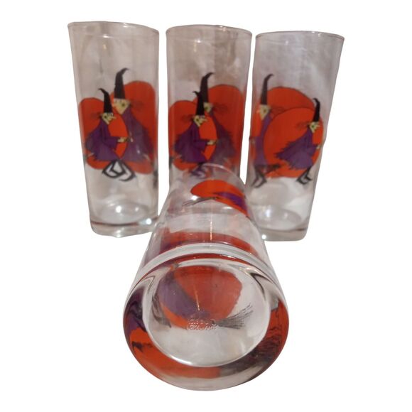 4 Vtg Halloween Highball Glasses~ Moon ~ Drinking Glasses~ Witch Riding Broom - Picture 3 of 10